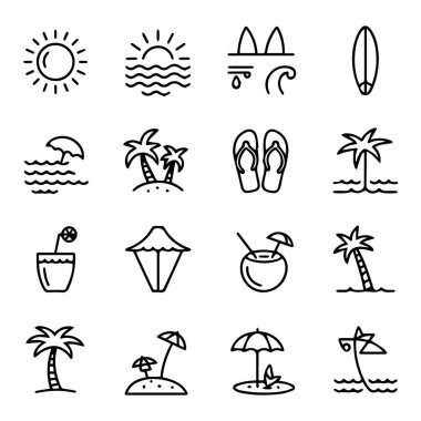 Yaz sahneleri, tropikal içecekler ve tatil gereksinimlerini tasvir eden minimalist çizgi simgelerinin bir çeşitliliği.