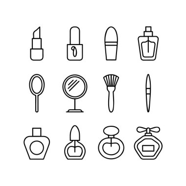Ruj, parfüm ve makyaj fırçası gibi temel güzellik ürünlerini içeren temiz ve modern bir taslak simgesi seti.