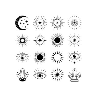 Aylar, yıldızlar, güneş patlamaları, gözler ve kristaller içeren gizemli ve gizemli semboller koleksiyonu.