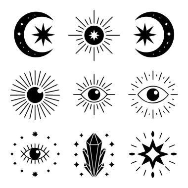 Aylar, yıldızlar, güneş patlamaları, gözler ve beyaz üzerinde izole edilmiş kristaller içeren bir dizi mistik sembol.