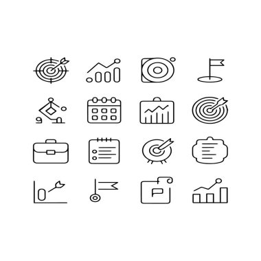 Beyazlar üzerinde izole edilmiş, hedefler, çizelgeler ve takvimler de dahil olmak üzere 16 iş ve finans simgesinden oluşan bir ızgara.