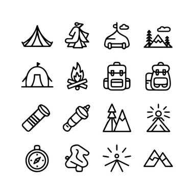 Kamp ve açık hava maceralarını temsil eden minimalist sanat simgeleri koleksiyonu.