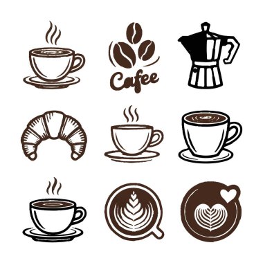 Nefis bir kahve ikonu koleksiyonu, dumanı tüten fincanlar, kruvasan ve kahve çekirdekleri.