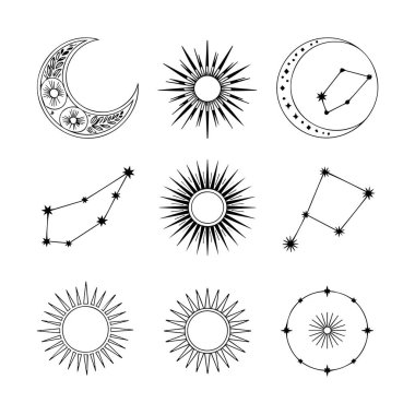 Güneş, ay ve takımyıldız ikonlarından oluşan göksel bir koleksiyon, mistik ve astrolojik tasarımlar için mükemmel.