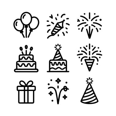 Pasta ve balonlar da dahil olmak üzere partiler ve kutlamalar için basit sanat simgelerinin festival koleksiyonu.
