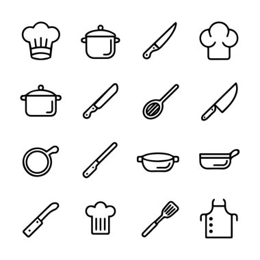 Bir set siyah mutfak ve aşçı şapkaları, tencereler, tavalar, bıçaklar, kaşıklar, spatulalar ve bir önlük içeren yemek ikonları.