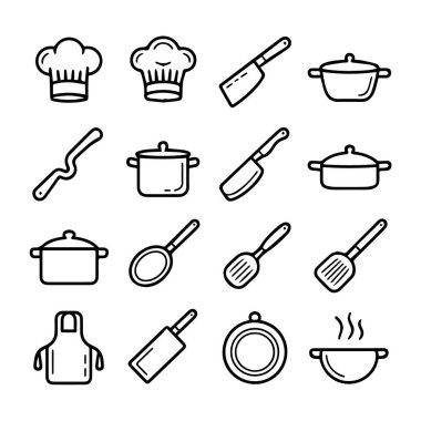 Kapsamlı bir set siyah mutfak ve aşçı şapkaları, tencereler, tavalar, bıçaklar, kaşıklar, spatulalar ve bir önlük de dahil olmak üzere yemek ikonları.