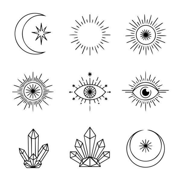 A mystic collection of celestial icons featuring moons, stars, sunbursts, eyes, and crystals on a white background