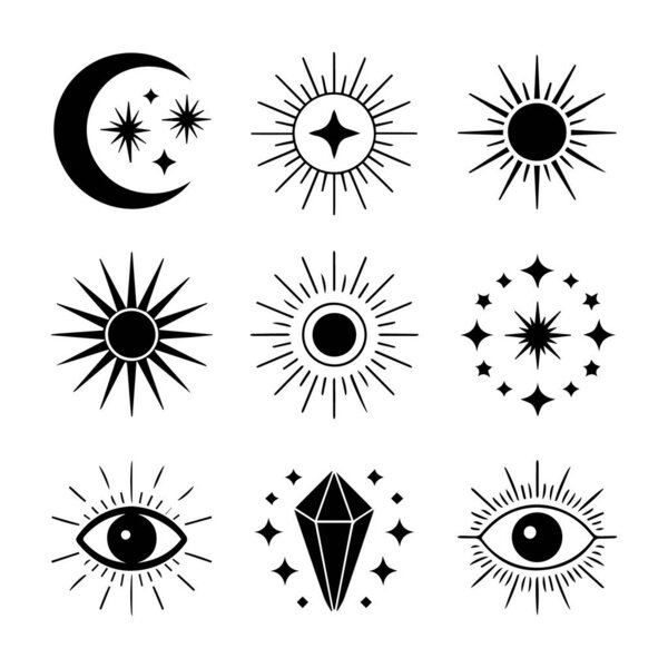 A collection of celestial and mystical symbols including suns, moons, stars, and an eye