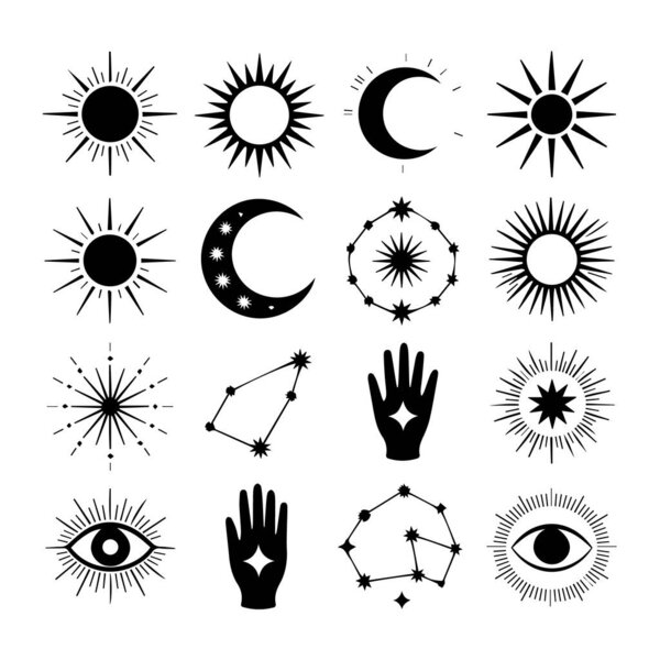 A compilation of celestial and spiritual icons including suns, moons, stars, constellations, and hands