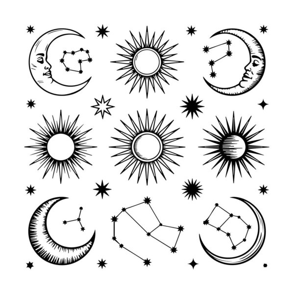 A mystical arrangement of celestial bodies including suns, moons with faces, and constellations