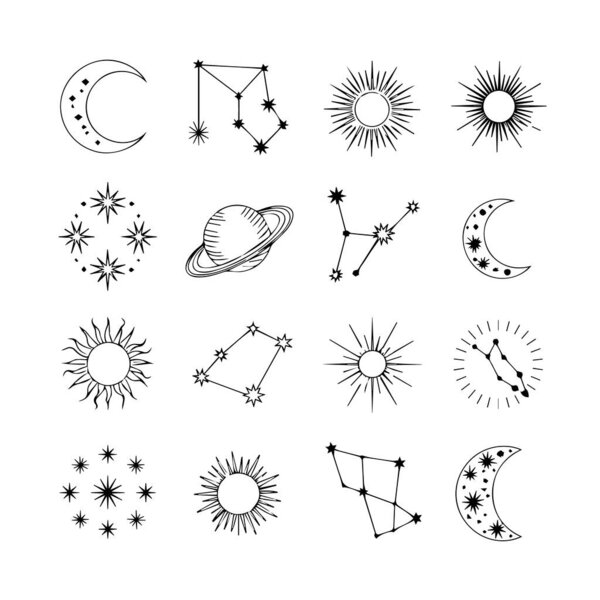 A diverse celestial assortment including suns, moons, constellations, and a planet with rings