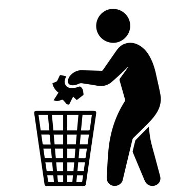 Bir kişinin vektör sanatı çöpü beyaz arka planda izole edilmiş bir çöp kutusuna atar.