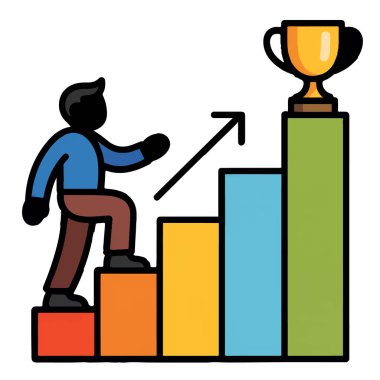 Çizgi film karakterinin vektör sanatı renkli merdivenleri tırmanarak altın bir kupa kazanmaktır.