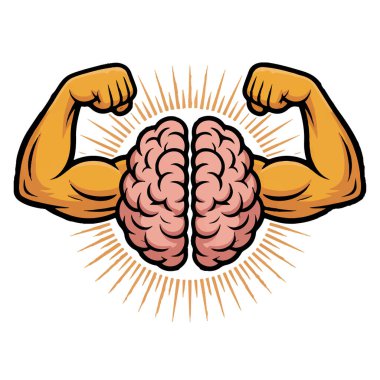 Güçlü bir beynin vektör sanatı, beyaz arka planda izole edilmiş kaslı kollar.