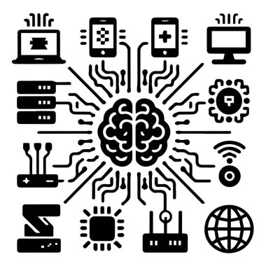Beyaz arkaplanda izole edilmiş teknoloji ağına bağlı bir beynin vektör sanatı