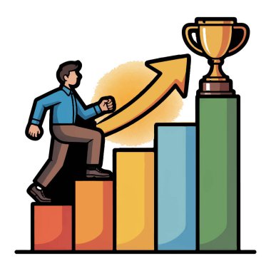 Bir adamın vektör sanatı beyaz arka planda izole edilmiş bir kupaya doğru bir grafiğe tırmanır.