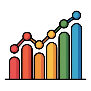 Renkli bir çubuk grafiğinin vektör sanatı beyaz arkaplanda izole edilmiş iş ilerlemesini gösteren yükselen bir çizgi ile