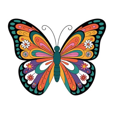 Beyaz arka planda izole edilmiş hayali desenleri olan parlak renkli bir kelebeğin taşıyıcı sanatı