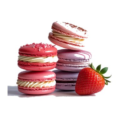 Beyaz arka planda izole edilmiş taze çilekli renkli badem kurabiyelerinin vektör sanatı