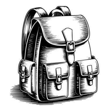 Eski bir deri sırt çantasının vektör sanatı beyaz arkaplanda izole edilmiştir.