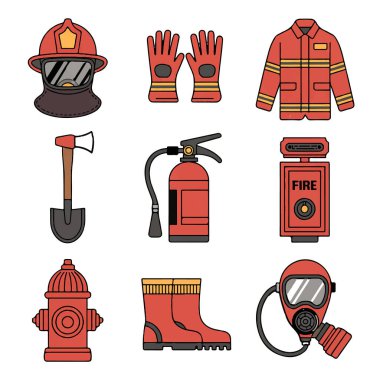 İtfaiyeci ekipmanlarının vektör sanatı beyaz arka planda izole edilir