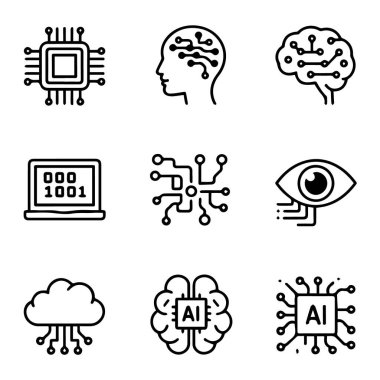 Çeşitli yapay zeka simgelerinin vektör sanatı beyaz arkaplanda izole edilmiştir