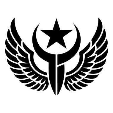 Biçimlendirilmiş kanatlı bir yıldızın vektör sanatı ve hilal amblemi beyaz arkaplanda izole edilmiştir.