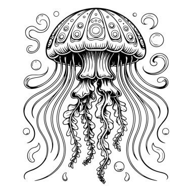 Beyaz arkaplanda akıcı dokunaçları olan bir denizanasının vektör sanatı