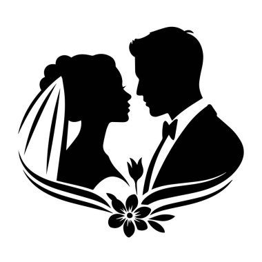 Çiçek elementleri beyaz arka planda izole edilmiş bir düğün çifti silueti vektör sanatı