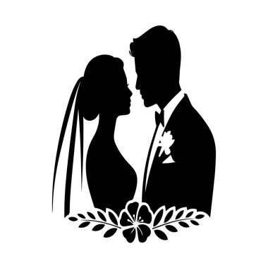 Beyaz arka planda çiçek desenli bir gelin ve damadın silueti.
