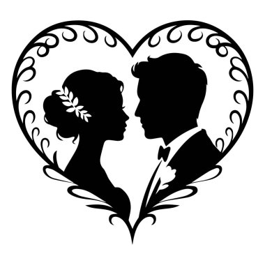 Beyaz arka planda izole edilmiş bir kalbin içinde gelin ve damadın silueti.