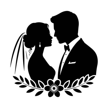 Gelin ve damadın siluetinin vektör sanatı yalıtılmış beyaz arka planda karşı karşıya gelir.