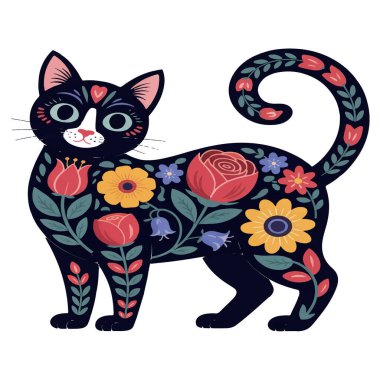Çiçekli bir kedinin vektör sanatı renkli bir resimde beyaz bir arkaplanda izole edilir.