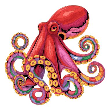 Renkli dokunaçları olan canlı kırmızı ahtapot vektör sanatı beyaz arkaplanda izole edilmiştir.