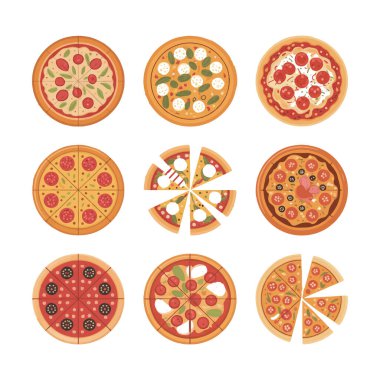 Beyaz arka planda izole edilmiş çeşitli lezzetli pizza malzemelerinin ve dilimlerin vektör sanatı İtalyan mutfağını gözler önüne seriyor.