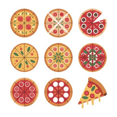 Beyaz arka planda izole edilmiş çeşitli malzeme ve stil içeren hoş bir pizza illüstrasyonları koleksiyonunun vektör sanatı