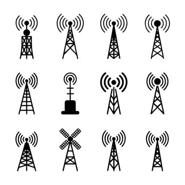 Çeşitli anten kulesi simgelerinin vektör sanatı beyaz arkaplan karşısında görüntülenir