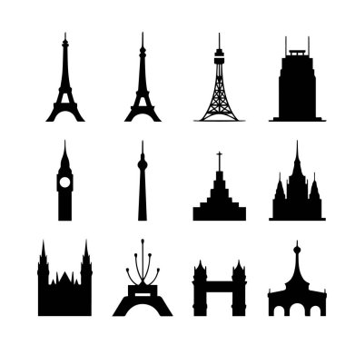 Dünyanın dört bir yanından ünlü simgelerin vektör sanatı beyaz bir arkaplanda siluetlenmiştir.