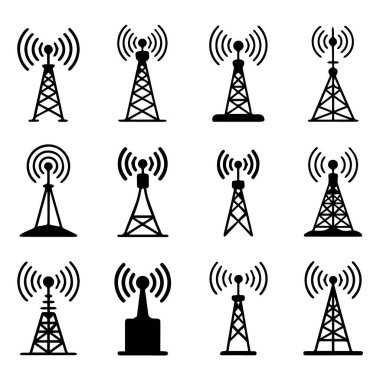 Çeşitli anten kule simgelerinin vektör sanatı beyaz arkaplan üzerinde sinyal dalgaları ile görüntülenir