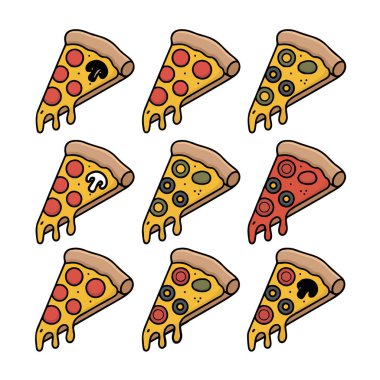 Beyaz arka plandaki farklı pizza dilimlerinin renkli bir temsili olan vektör sanatı