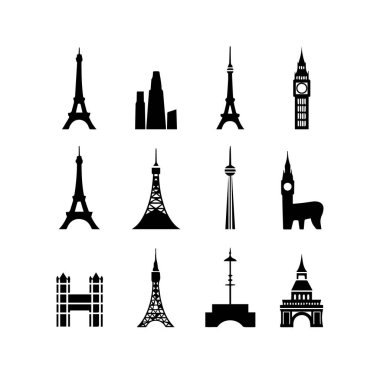 Beyaz arka planda izole edilmiş ünlü kule siluetleri koleksiyonunun vektör sanatı