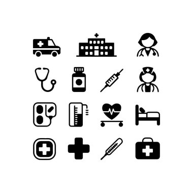 Sağlık hizmetlerini ve ekipmanları temsil eden bir tıbbi ikon koleksiyonunun vektör sanatı, beyaz arka planda izole edilmiş