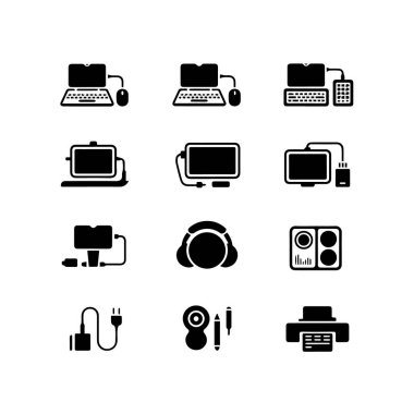 Beyaz arkaplanda izole edilmiş elektronik cihazların ve bilgisayar çevresinin vektör sanatı