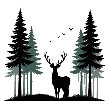 Bir geyiğin silüeti vektör sanatı heybetli bir şekilde uzun çam ağaçlarının arasında duruyor ve beyaz arka planda kuşlar uçuşuyor.