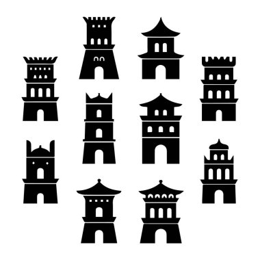 Beyaz arka planda izole edilmiş çeşitli Asya kulelerinin ve pagodaların siyah siluet çizimlerinden oluşan bir koleksiyon vektör sanatı