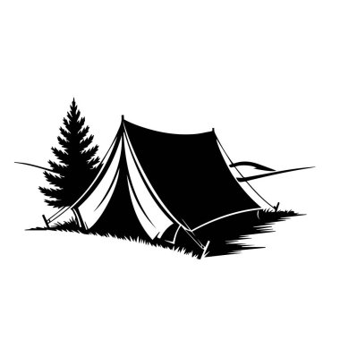 Beyaz arka planda izole edilmiş siyah beyaz bir kamp çadırının vektör sanatı