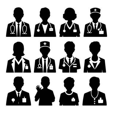 Beyaz arka planda izole edilmiş doktorlar ve hemşireler de dahil olmak üzere bir grup tıp uzmanının vektör sanatı