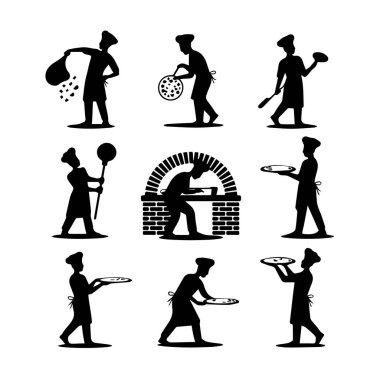 Şeflerin siluetlerini hazırlama ve çeşitli pozlarda pizza servis etme sanatı.