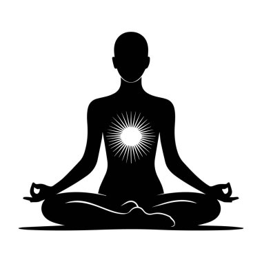 Nilüfer pozisyonunda bir kadının vektör sanatı parlayan bir merkezle meditasyon yapması.